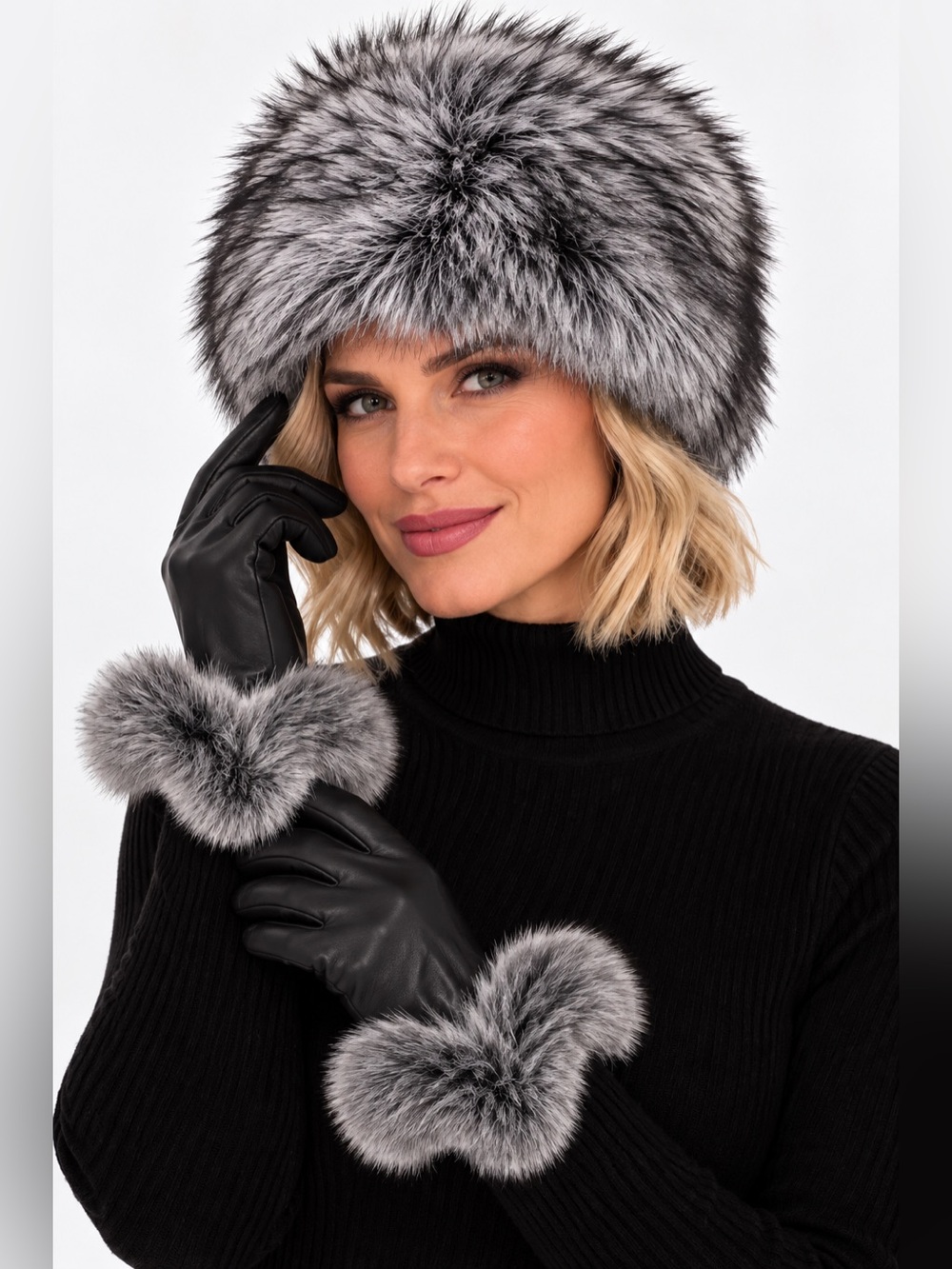 NEW: Elegant Black faux Leather Gloves with Gray plush hat SET (S/M)
